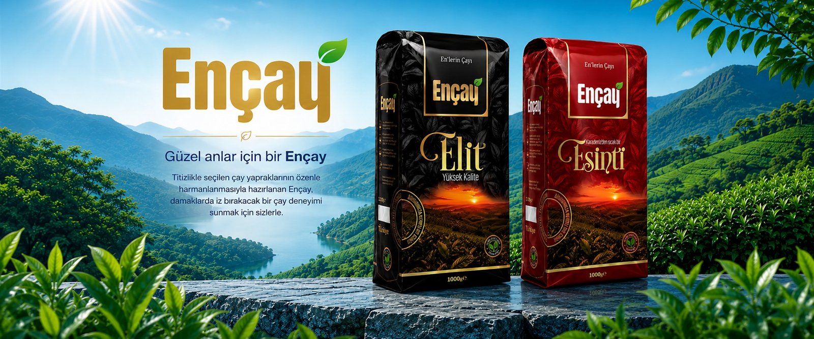 Ençay Elit ve Esinti çay paketleri doğa manzarasında