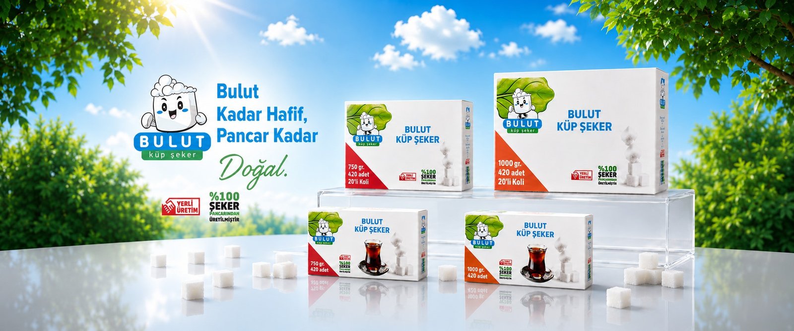 Bulut küp şeker ürünleri açık hava sahnesinde